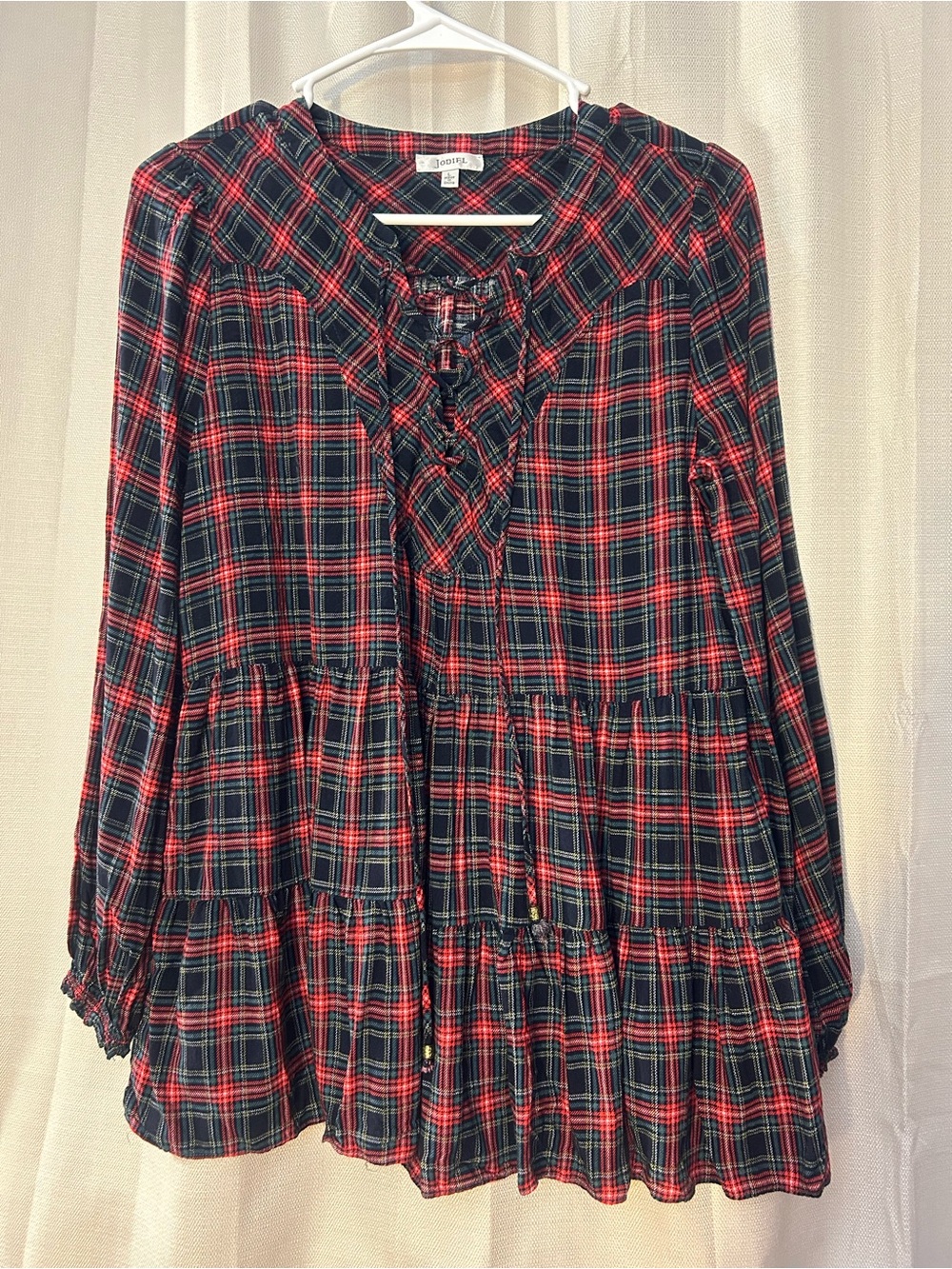 Jodifl Red Plaid Lace Up Tiered Babydoll Top Long Sleeve Tunic Blouse L